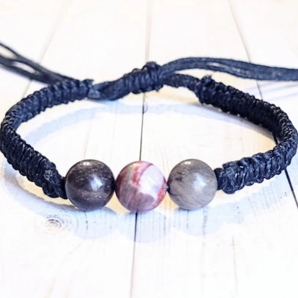 Wood Opalite 3 Bead Knotted Bracelet